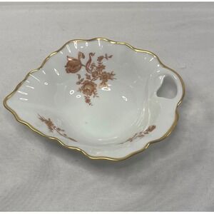 Limoges France Leaf Shape Porcelain Candy Nut Dish Gold Trim Floral Copper Tone